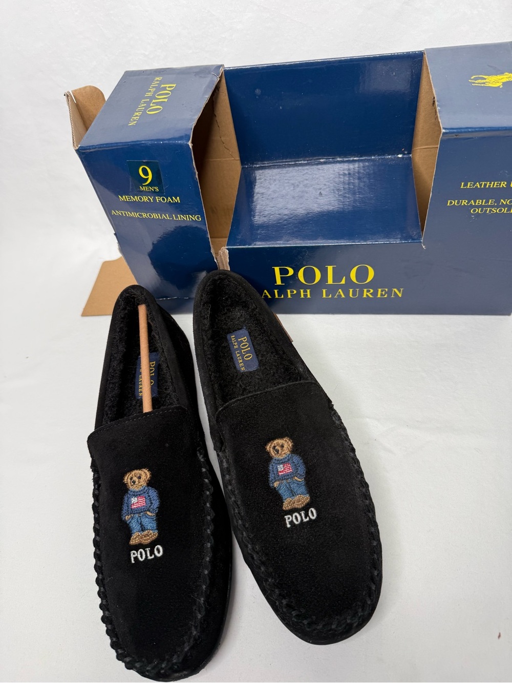 Polo by Ralph Lauren Black Suede Bear Moccasin Slip-Ons